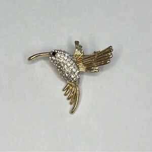 Vintage Hummingbird Pin Rhinestone Body Black Rhinestone Eye 1" Bird In Flight
